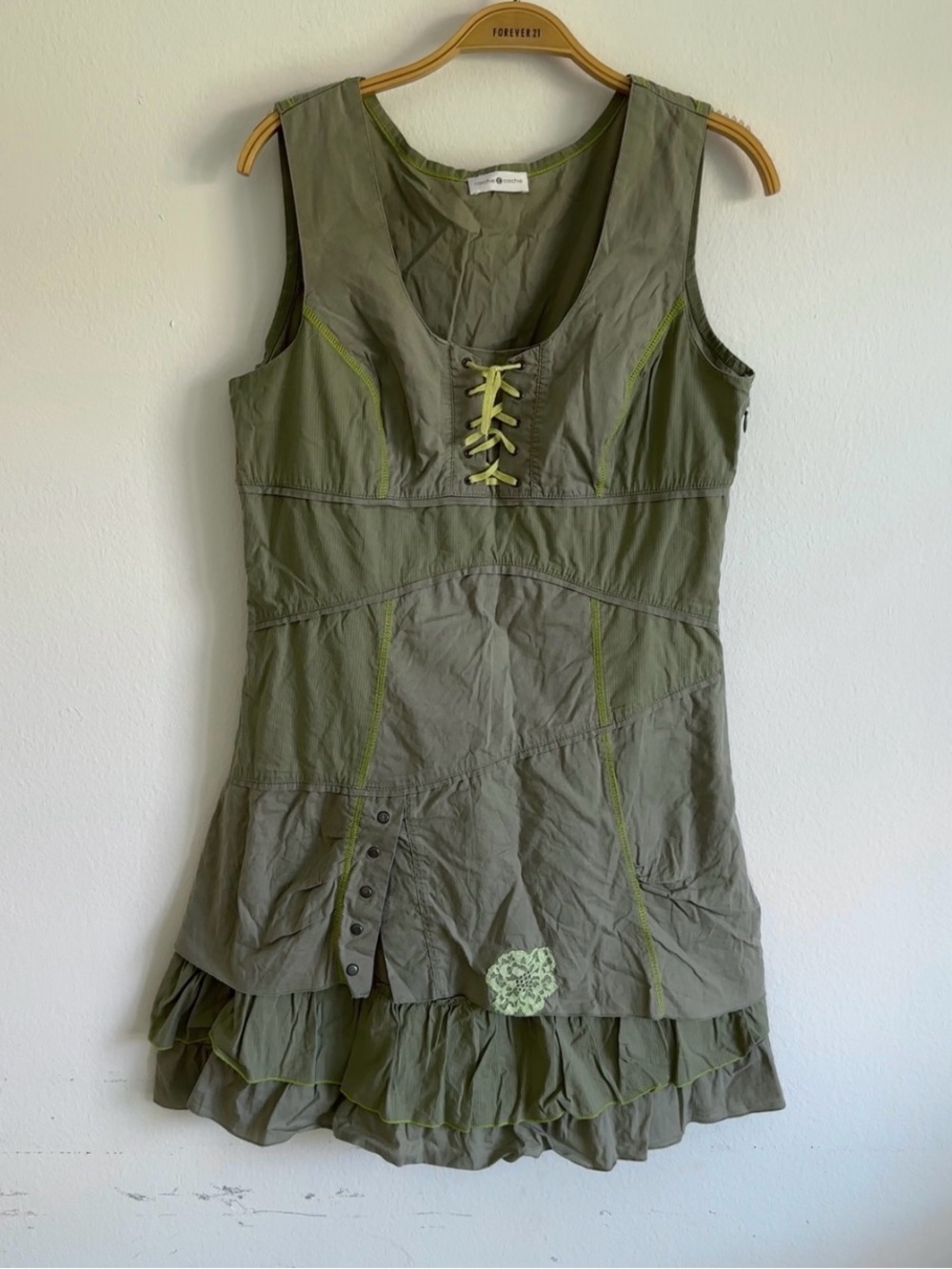 Vintage Y2K Cache Cache Dress Mini Green Khaki Grunge Fairy Whimsigoth Ruffle